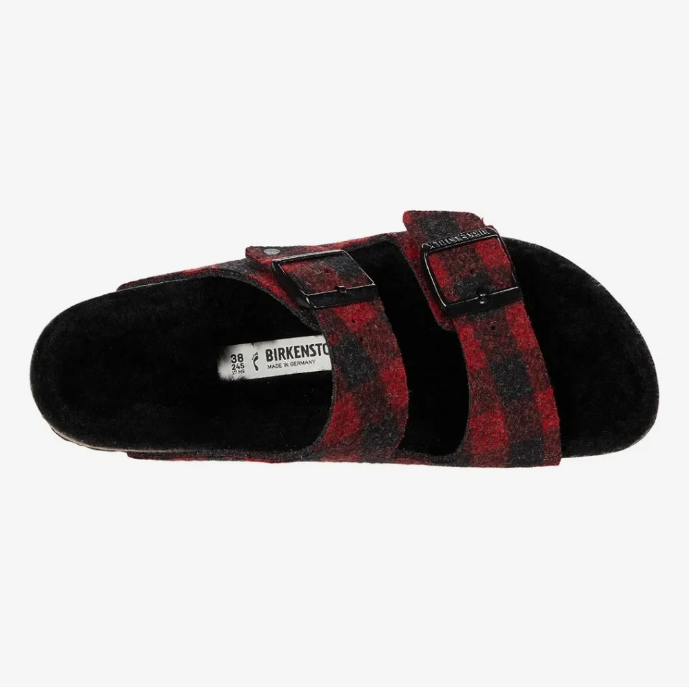 Birkenstock Arizona Wool Shearling Sandal Plaid Red
